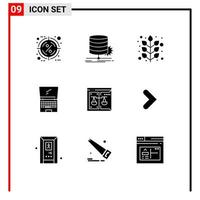 9 concepto de glifo sólido para sitios web móviles y aplicaciones diagrama de monitor de computadora portátil hoja de computadora elementos de diseño vectorial editables vector