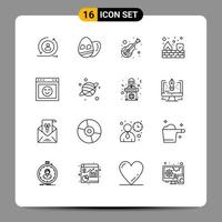 Mobile Interface Outline Set of 16 Pictograms of emotion wall instrument security fire Editable Vector Design Elements