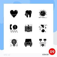Pack of 9 Modern Solid Glyphs Signs and Symbols for Web Print Media such as help center globe call contact network Editable Vector Design Elements
