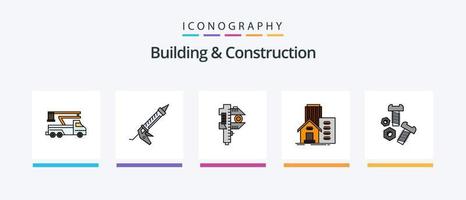 la línea de construcción y construcción llenó un paquete de 5 íconos que incluye cinta. medida. prensado herramientas. tuerca. diseño de iconos creativos vector