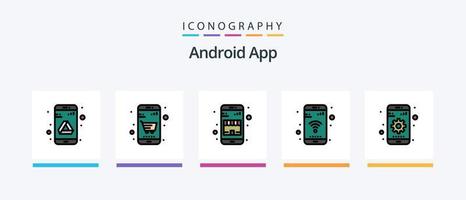 La línea de la aplicación de Android llenó el paquete de 5 iconos, incluidos los medios. signo. aplicación Cuota. Bluetooth. diseño de iconos creativos vector