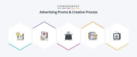 promoción publicitaria y proceso creativo Paquete de iconos de 25 líneas completas que incluye la empresa. escritor. página. máquina de escribir. Blog vector