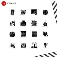 Group of 16 Solid Glyphs Signs and Symbols for address tool photo cutting axe Editable Vector Design Elements