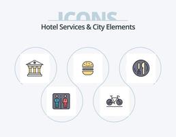 servicios de hotel y elementos de la ciudad línea llena de iconos paquete 5 diseño de iconos. escalera. compras. ciudad. bolso. público vector