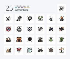 paquete de íconos llenos de 25 líneas de campamento de verano que incluye movimiento. supervivencia. cámping. exterior. cámping vector