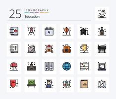 paquete de iconos llenos de 25 líneas de educación que incluye jugar. divertida. redacción. niño. calendario vector