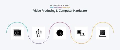 paquete de iconos de glifo 5 de hardware de computadora y producción de video, incluida la edición. Corte. humano. acortar. medios de comunicación vector