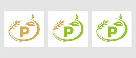logotipo de la agricultura de la letra p. agronegocios, plantilla de diseño de granjas ecológicas vector
