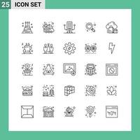 Group of 25 Modern Lines Set for gift cloud spacecraft zoom magnifier Editable Vector Design Elements