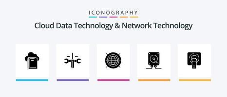 Cloud Data Technology And Network Technology Glyph 5 Icon Pack Including tuch . play. internet . computing. music. Creative Icons Design vector