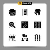 9 Solid Glyph concept for Websites Mobile and Apps mac app filmstrip research diamond Editable Vector Design Elements