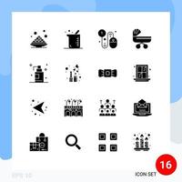 Group of 16 Modern Solid Glyphs Set for push baby chemistry trolly pay Editable Vector Design Elements