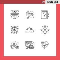 Group of 9 Outlines Signs and Symbols for hill goal door fund finance Editable Vector Design Elements