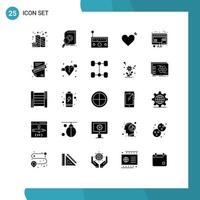 Set of 25 Vector Solid Glyphs on Grid for online love research heart radio Editable Vector Design Elements