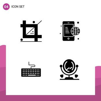 4 Thematic Vector Solid Glyphs and Editable Symbols of coding key development communication hardware Editable Vector Design Elements