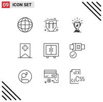 Pack of 9 Modern Outlines Signs and Symbols for Web Print Media such as school furniture win cupboard plus Editable Vector Design Elements