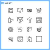 Pack of 16 Modern Outlines Signs and Symbols for Web Print Media such as cinema target laptop look eye Editable Vector Design Elements