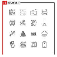 Mobile Interface Outline Set of 16 Pictograms of media ad appliances route point Editable Vector Design Elements