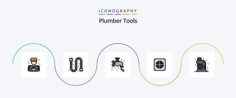 la línea de fontanero llenó el paquete de iconos planos 5 que incluye mecánica. plomería. grifo. fontanero. extractor vector