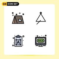 Mobile Interface Filledline Flat Color Set of 4 Pictograms of camp triangle tent instrument process Editable Vector Design Elements