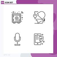 Mobile Interface Line Set of 4 Pictograms of smart broadcast safe box head microphone Editable Vector Design Elements