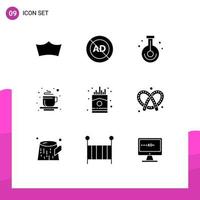 Set of 9 Vector Solid Glyphs on Grid for tea place hot block cup research Editable Vector Design Elements