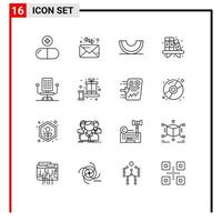 Pictogram Set of 16 Simple Outlines of office shelf food book home Editable Vector Design Elements