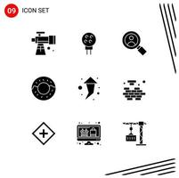 Modern Set of 9 Solid Glyphs Pictograph of mind up search right doughnut Editable Vector Design Elements