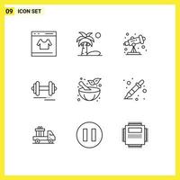 Group of 9 Outlines Signs and Symbols for pestle motivation summer sport dumbbell Editable Vector Design Elements