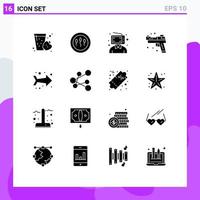 Group of 16 Modern Solid Glyphs Set for arrow pistol content gun marketing Editable Vector Design Elements