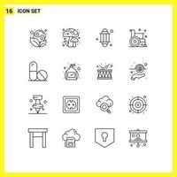 Modern Set of 16 Outlines Pictograph of science medicine lantern health fitness Editable Vector Design Elements