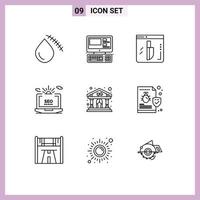 Set of 9 Commercial Outlines pack for web setting education laptop security Editable Vector Design Elements