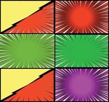 Comic book colorful frames background with halftone rays radial and dotted effects pop art style vector