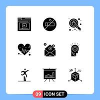 Group of 9 Modern Solid Glyphs Set for message investment find business heart Editable Vector Design Elements