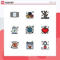 Stock Vector Icon Pack of 9 Line Signs and Symbols for heart world wide coffee internet global Editable Vector Design Elements