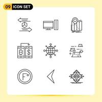 Pack of 9 Modern Outlines Signs and Symbols for Web Print Media such as transection payment server cashless navigation Editable Vector Design Elements