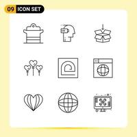 Pack of 9 Modern Outlines Signs and Symbols for Web Print Media such as block balloon mental heart shepping Editable Vector Design Elements