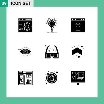 9 conjunto de glifos sólidos universales para aplicaciones web y móviles, interfaz de configuración de procesos comerciales de marketing, elementos de diseño vectorial editables vector