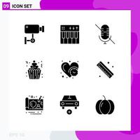 Mobile Interface Solid Glyph Set of 9 Pictograms of party cupcake music cream mute Editable Vector Design Elements