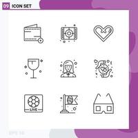 Set of 9 Commercial Outlines pack for female glass heart food surprise Editable Vector Design Elements