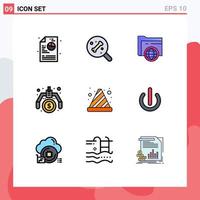 Set of 9 Vector Filledline Flat Colors on Grid for traffic cone danger fie cone money Editable Vector Design Elements