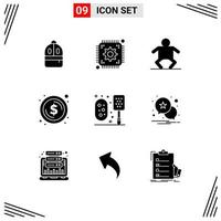 Set of 9 Commercial Solid Glyphs pack for scrub bath baby money coin Editable Vector Design Elements