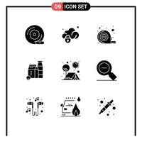 9 User Interface Solid Glyph Pack of modern Signs and Symbols of camping shopping secure buttle milk Editable Vector Design Elements