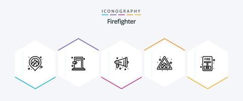 Firefighter 25 Line icon pack including escape. sign. loud. risk. alert vector