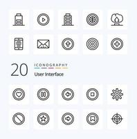 Paquete de 20 iconos de línea de interfaz de usuario como configurar la interfaz de usuario del botón de engranaje vector