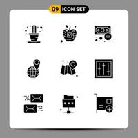 Pack of 9 creative Solid Glyphs of location world business map global Editable Vector Design Elements