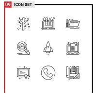 Universal Icon Symbols Group of 9 Modern Outlines of spaceship user tool search find Editable Vector Design Elements