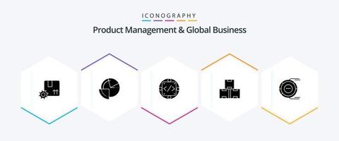 gestión de productos y paquete de iconos de 25 glifos de negocios globales, incluida la producción. industria. diagrama. producción implementación vector