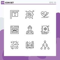 Set of 9 Commercial Outlines pack for worker builder heart labour man http error Editable Vector Design Elements