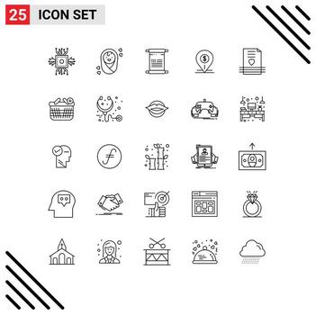 25 Universal Line Signs Symbols of business location scroll map dollar Editable Vector Design Elements